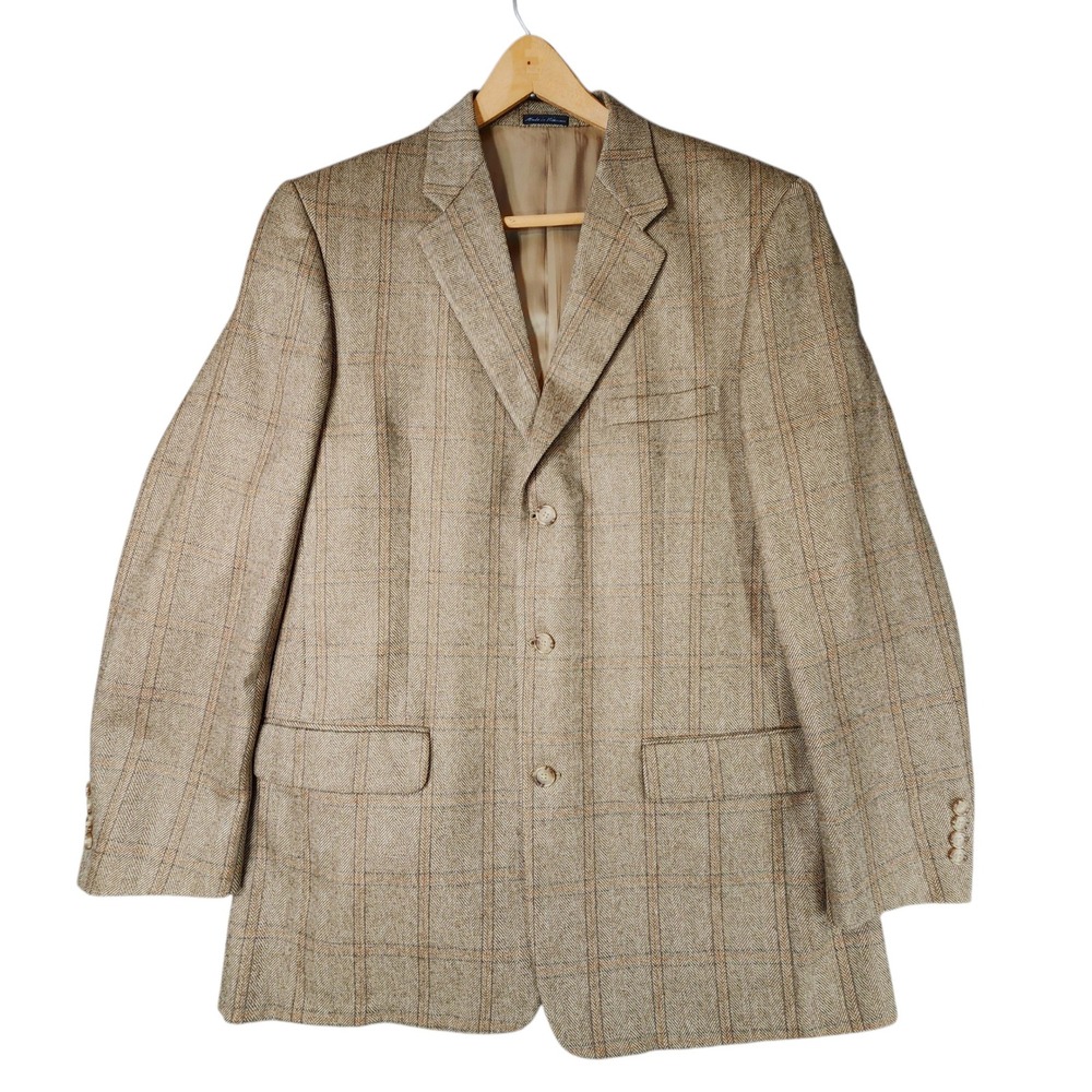 Club Room Cashmere Blazer L42 Men Lambswool Herringbone Plaid Brown Beige Preppy